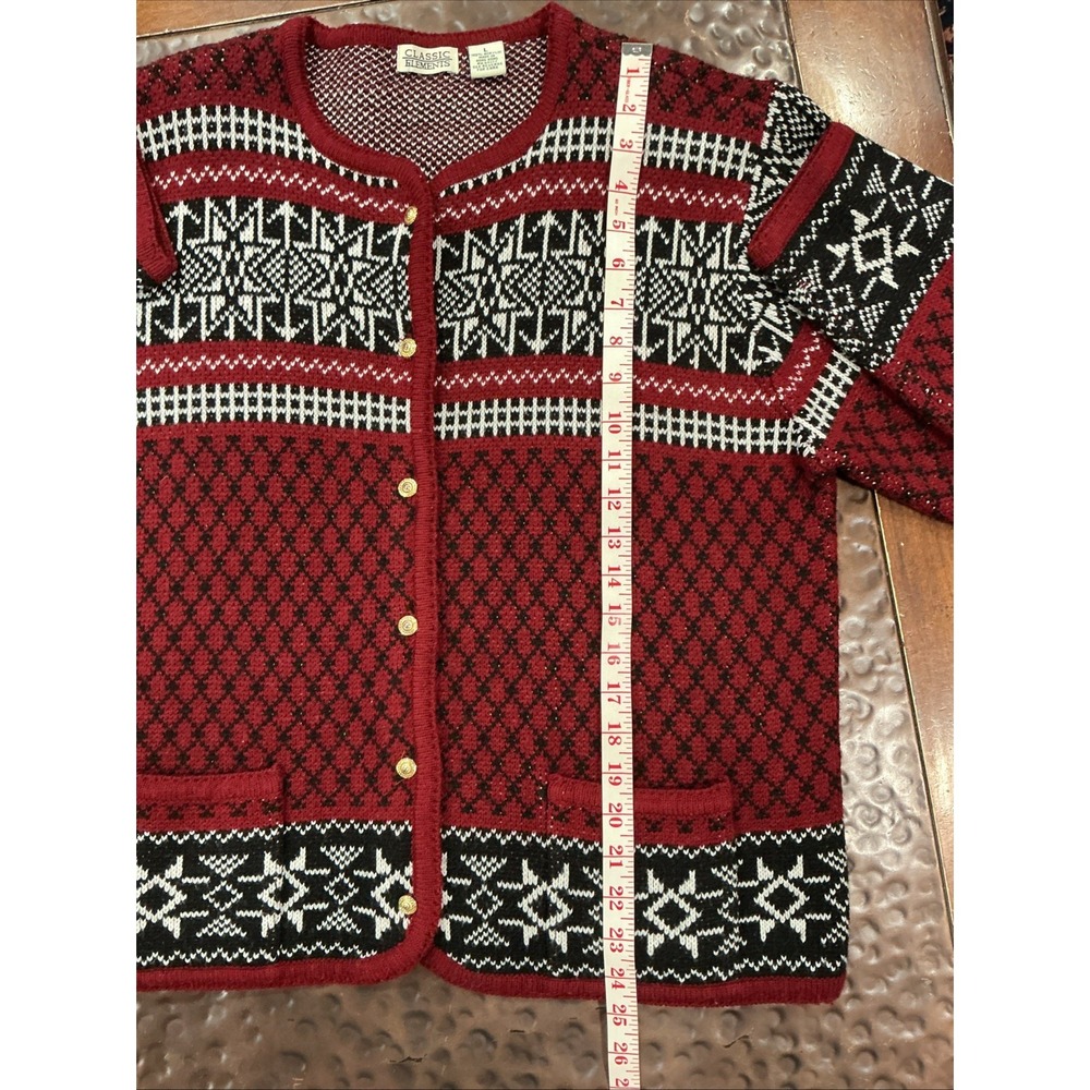 Vintage Fair Isle Cardigan Sweater, Large, Burgundy, Snowflakes - Picture 9 of 9